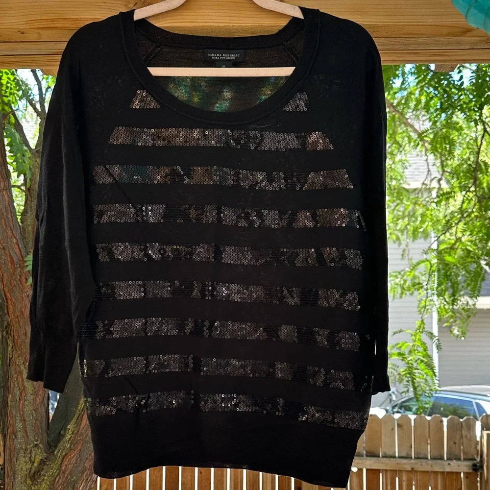 Banana Republic Sequined Striped Merino Wool 3/4 Sleeve Black Sweater Medium - Picture 9 of 16